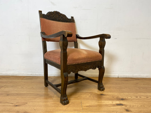 WMK # Herrlicher antiker Armlehnstuhl in gutem Zustand mit edlem Stoffbezug und bequemen Federkernsitz # Sessel Stuhl Armlehner Lesesessel Schreibtischstuhl Thronstuhl Tudor Vintage Gründerzeit