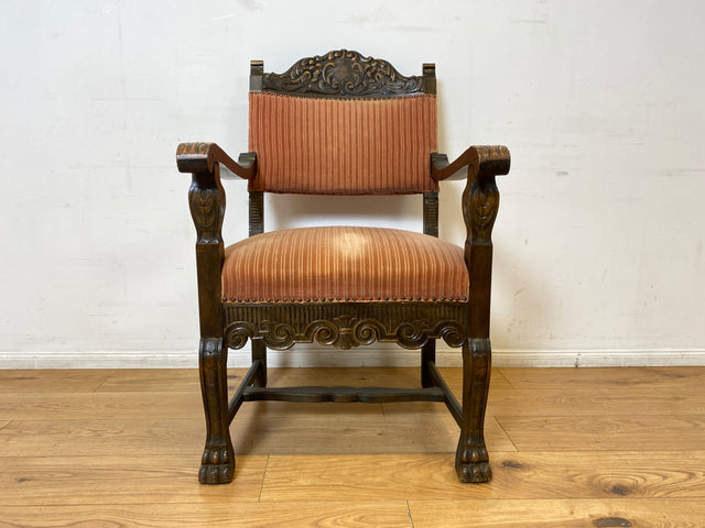 WMK # Herrlicher antiker Armlehnstuhl in gutem Zustand mit edlem Stoffbezug und bequemen Federkernsitz # Sessel Stuhl Armlehner Lesesessel Schreibtischstuhl Thronstuhl Tudor Vintage Gründerzeit