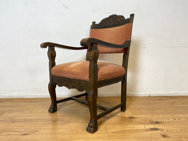 WMK # Herrlicher antiker Armlehnstuhl in gutem Zustand mit edlem Stoffbezug und bequemen Federkernsitz # Sessel Stuhl Armlehner Lesesessel Schreibtischstuhl Thronstuhl Tudor Vintage Gründerzeit