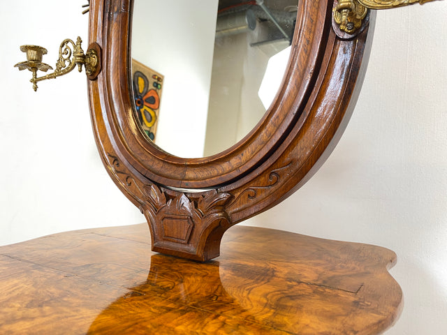 WMK # Edler antiker Beistelltisch in Wurzelholz mit beweglichem Spiegel und edlen Messing Kerzenhaltern, um 1880 # Spiegeltisch Frisiertisch Schminktisch Rasiertisch Louis Philippe Biedermeier Vintage