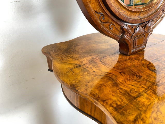 WMK # Edler antiker Beistelltisch in Wurzelholz mit beweglichem Spiegel und edlen Messing Kerzenhaltern, um 1880 # Spiegeltisch Frisiertisch Schminktisch Rasiertisch Louis Philippe Biedermeier Vintage