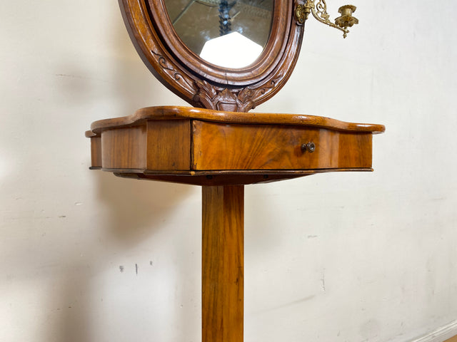 WMK # Edler antiker Beistelltisch in Wurzelholz mit beweglichem Spiegel und edlen Messing Kerzenhaltern, um 1880 # Spiegeltisch Frisiertisch Schminktisch Rasiertisch Louis Philippe Biedermeier Vintage