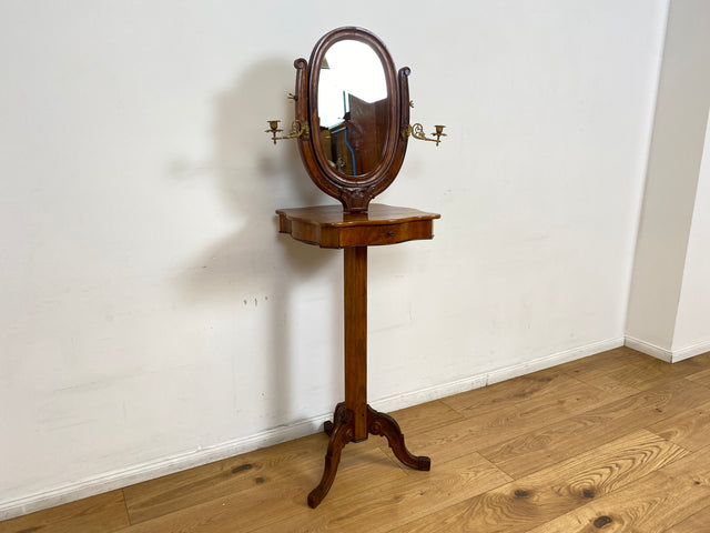 WMK # Edler antiker Beistelltisch in Wurzelholz mit beweglichem Spiegel und edlen Messing Kerzenhaltern, um 1880 # Spiegeltisch Frisiertisch Schminktisch Rasiertisch Louis Philippe Biedermeier Vintage