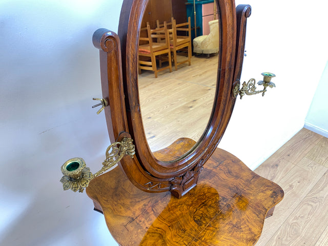 WMK # Edler antiker Beistelltisch in Wurzelholz mit beweglichem Spiegel und edlen Messing Kerzenhaltern, um 1880 # Spiegeltisch Frisiertisch Schminktisch Rasiertisch Louis Philippe Biedermeier Vintage
