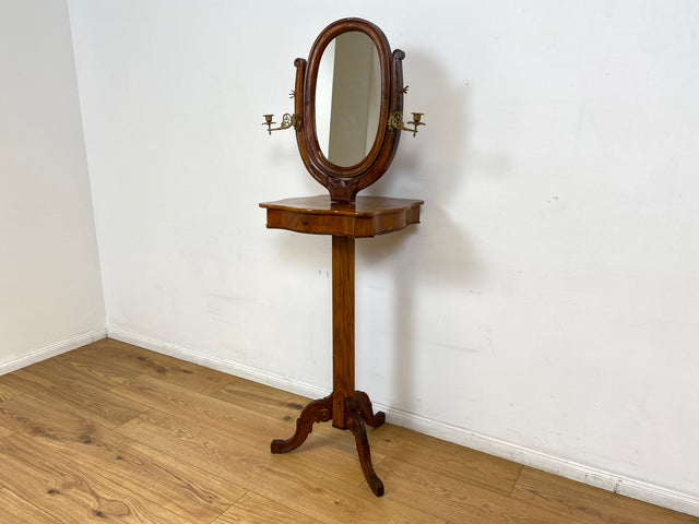WMK # Edler antiker Beistelltisch in Wurzelholz mit beweglichem Spiegel und edlen Messing Kerzenhaltern, um 1880 # Spiegeltisch Frisiertisch Schminktisch Rasiertisch Louis Philippe Biedermeier Vintage