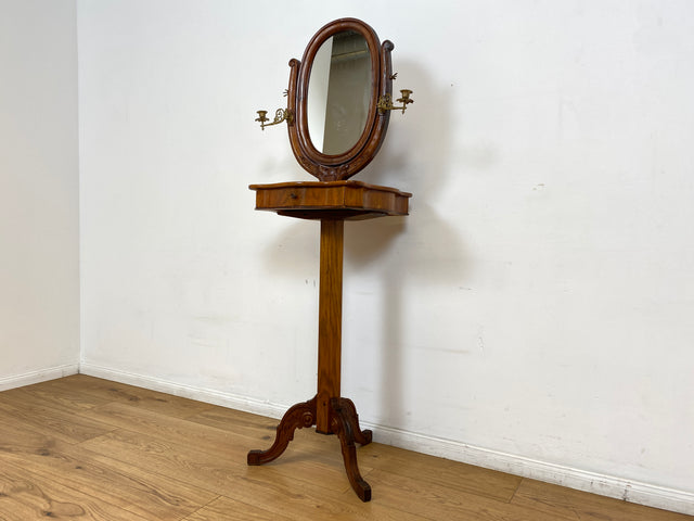 WMK # Edler antiker Beistelltisch in Wurzelholz mit beweglichem Spiegel und edlen Messing Kerzenhaltern, um 1880 # Spiegeltisch Frisiertisch Schminktisch Rasiertisch Louis Philippe Biedermeier Vintage