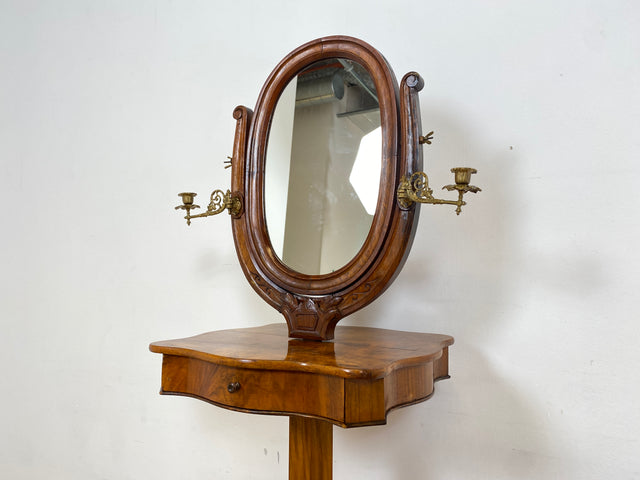 WMK # Edler antiker Beistelltisch in Wurzelholz mit beweglichem Spiegel und edlen Messing Kerzenhaltern, um 1880 # Spiegeltisch Frisiertisch Schminktisch Rasiertisch Louis Philippe Biedermeier Vintage