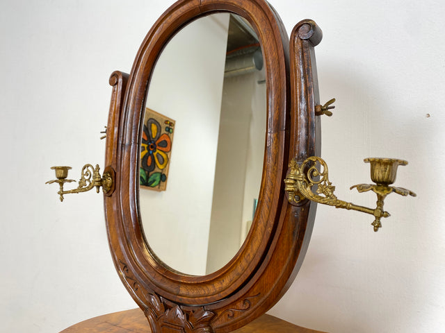 WMK # Edler antiker Beistelltisch in Wurzelholz mit beweglichem Spiegel und edlen Messing Kerzenhaltern, um 1880 # Spiegeltisch Frisiertisch Schminktisch Rasiertisch Louis Philippe Biedermeier Vintage