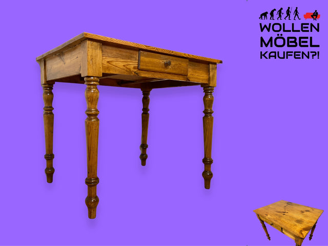 WMK I Wunderschöner kleiner antiker Esstisch aus vollem Holz mit gedrechselten Säulenfüßen und Schublade I Tisch Holztisch Küchentisch Dining Table Weichholz Biedermeier Vintage I Berlin Hamburg Köln
