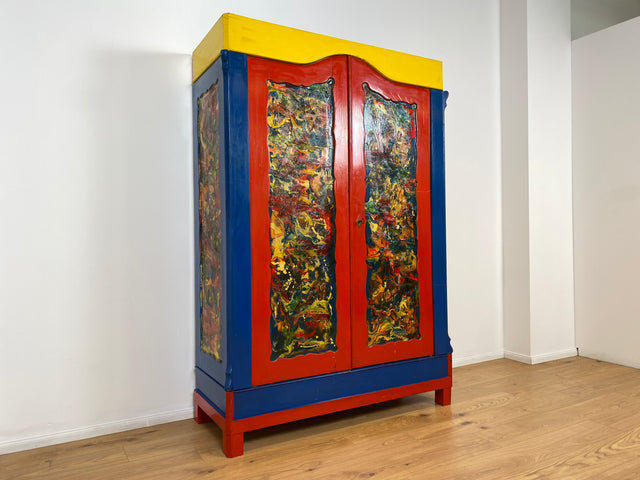 WMK # Schrank oder Kunst? Ein Unikat! Kunstvoll gestalteter antiker Kleiderschrank aus vollem Holz # Schrank Wäscheschrank Bunter Schlafzimmerschrank Bauernschrank Wardrobe Vintage Jugendstil Design