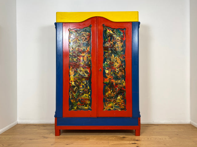 WMK # Schrank oder Kunst? Ein Unikat! Kunstvoll gestalteter antiker Kleiderschrank aus vollem Holz # Schrank Wäscheschrank Bunter Schlafzimmerschrank Bauernschrank Wardrobe Vintage Jugendstil Design