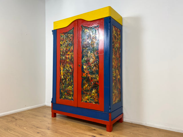 WMK # Schrank oder Kunst? Ein Unikat! Kunstvoll gestalteter antiker Kleiderschrank aus vollem Holz # Schrank Wäscheschrank Bunter Schlafzimmerschrank Bauernschrank Wardrobe Vintage Jugendstil Design