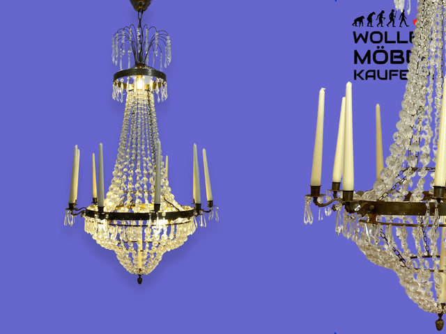 WMK I Versand 85€ I Prächtiger antiker Kristall Kronleuchter in Empire Stil aus Messing mit Kerzenhaltern I Lüster Korblüster Deckenlüster Deckenlampe Jugendstil Barock Vintage Berlin Dresden München