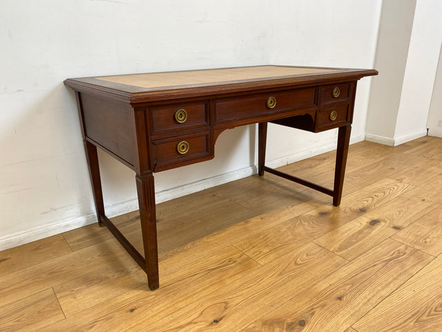 WMK # Sehr schöner freistehender antiker Mahagoni Schreibtisch in englischem Stil mit Lederauflage, Schubladen und Messinggriffen # Arbeitstisch Desk Lady Sekretär Bureau Plat Emipire Regency Vintage