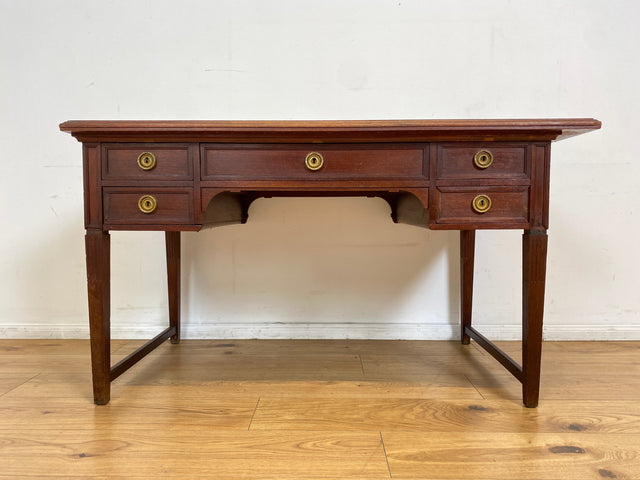 WMK # Sehr schöner freistehender antiker Mahagoni Schreibtisch in englischem Stil mit Lederauflage, Schubladen und Messinggriffen # Arbeitstisch Desk Lady Sekretär Bureau Plat Emipire Regency Vintage