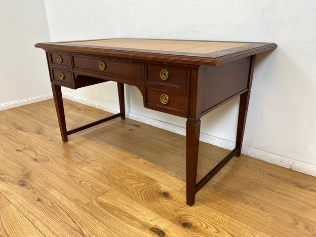 WMK # Sehr schöner freistehender antiker Mahagoni Schreibtisch in englischem Stil mit Lederauflage, Schubladen und Messinggriffen # Arbeitstisch Desk Lady Sekretär Bureau Plat Emipire Regency Vintage