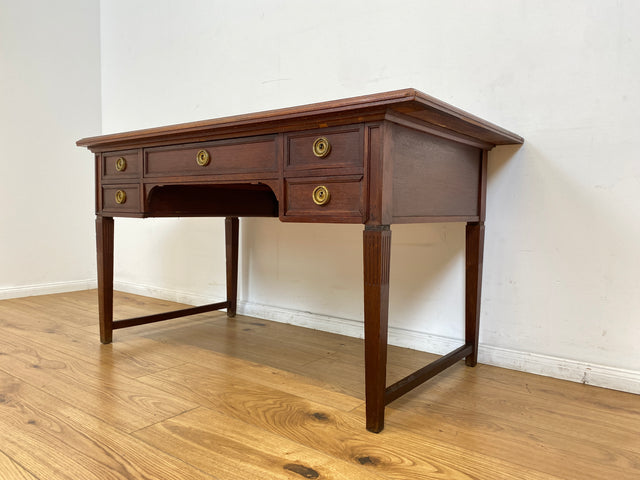 WMK # Sehr schöner freistehender antiker Mahagoni Schreibtisch in englischem Stil mit Lederauflage, Schubladen und Messinggriffen # Arbeitstisch Desk Lady Sekretär Bureau Plat Emipire Regency Vintage