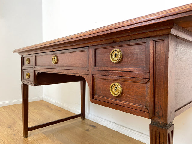 WMK # Sehr schöner freistehender antiker Mahagoni Schreibtisch in englischem Stil mit Lederauflage, Schubladen und Messinggriffen # Arbeitstisch Desk Lady Sekretär Bureau Plat Emipire Regency Vintage