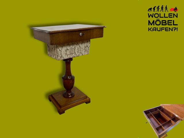 WMK I Wunderschöner antiker Nähtisch mit Klappe und edlem gedrechseltem Säulen Fuß I Beistelltisch Nähkommode Nähschränkchen Tisch Schmuckkasten Schminktisch Schminkkommode Biedermeier Vintage Berlin
