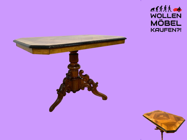 WMK I Vornehmer antiker Salontisch mit Zentralsäule und reichverziertem Vierpassfuß I Historismus 1860-90 I Tisch Spieletisch Holztisch Esstisch Neorokoko Gründerzeit Vintage Berlin Dresden München