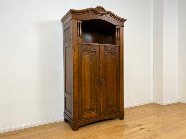 WMK I Wunderschöner antiker Schrank aus massiver Eiche mit Beschlägen aus Messing und handverziert I Schrank Kleider Wäsche Bücher Highboard Geschirrschrank Jugendstil Vintage Berlin Bayern Düsseldorf