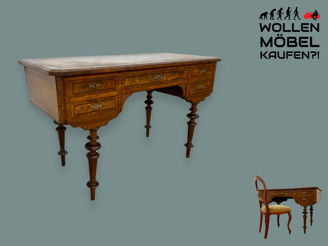 WMK I Eleganter antiker Schreibtisch in wunderschönem Nussbaum Wurzelholz mit edlem Messingbeschlag, um 1880 I Sekretär Damensekretär Konsole Lady Desk Gründerzeit Vintage Berlin Dresden München