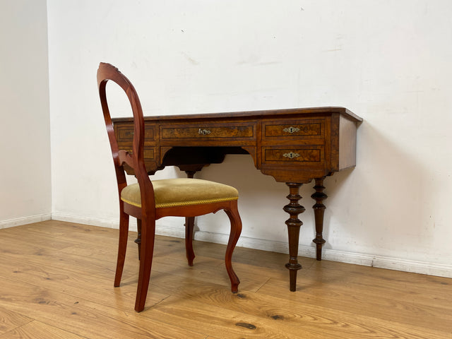 WMK I Eleganter antiker Schreibtisch in wunderschönem Nussbaum Wurzelholz mit edlem Messingbeschlag, um 1880 I Sekretär Damensekretär Konsole Lady Desk Gründerzeit Vintage Berlin Dresden München