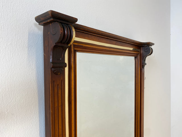 WMK I Eleganter antiker Wandspiegel mit Holzrahmen , geschliffenem Originalspiegel und abnehmbarem Goldstreifen I leicht blind I Spiegel Garderobe Flurspiegel Gründerzeit Vintage Berlin Halle Bochum