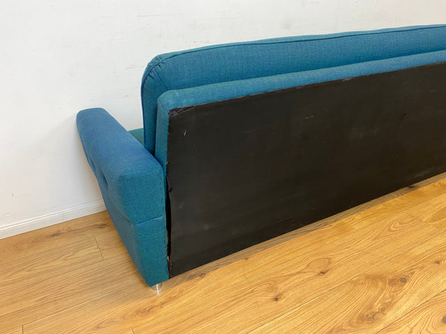 WMK I Stilvolles & sehr gut erhaltenes blaues 60er Jahre Schlafsofa in tollem Originalbezug I Sofa Couch Klappcouch 4-Sitzer Daybed Sitzgarnitur Mid-Century Vintage Jeans Retro Berlin Nürnberg Halle