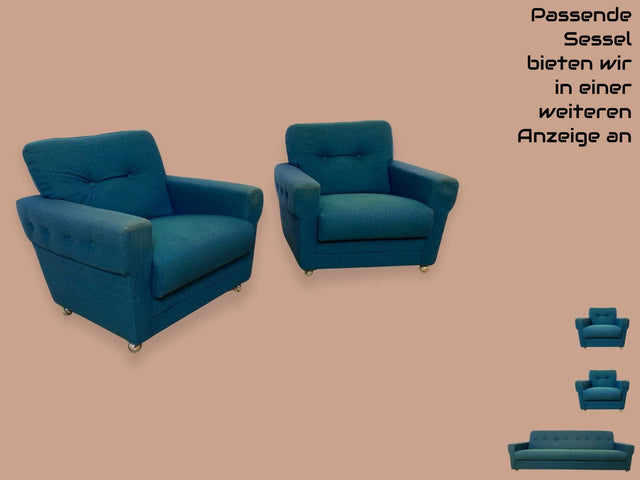 WMK I Stilvolles & sehr gut erhaltenes blaues 60er Jahre Schlafsofa in tollem Originalbezug I Sofa Couch Klappcouch 4-Sitzer Daybed Sitzgarnitur Mid-Century Vintage Jeans Retro Berlin Nürnberg Halle