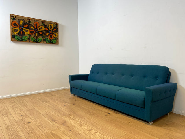 WMK I Stilvolles & sehr gut erhaltenes blaues 60er Jahre Schlafsofa in tollem Originalbezug I Sofa Couch Klappcouch 4-Sitzer Daybed Sitzgarnitur Mid-Century Vintage Jeans Retro Berlin Nürnberg Halle