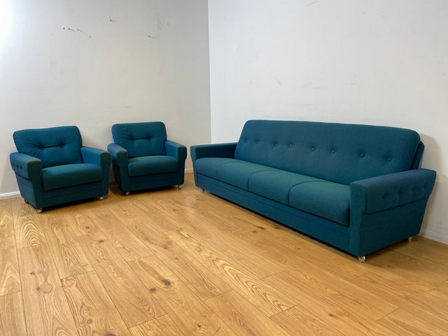 WMK I Stilvolles & sehr gut erhaltenes blaues 60er Jahre Schlafsofa in tollem Originalbezug I Sofa Couch Klappcouch 4-Sitzer Daybed Sitzgarnitur Mid-Century Vintage Jeans Retro Berlin Nürnberg Halle