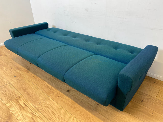 WMK I Stilvolles & sehr gut erhaltenes blaues 60er Jahre Schlafsofa in tollem Originalbezug I Sofa Couch Klappcouch 4-Sitzer Daybed Sitzgarnitur Mid-Century Vintage Jeans Retro Berlin Nürnberg Halle