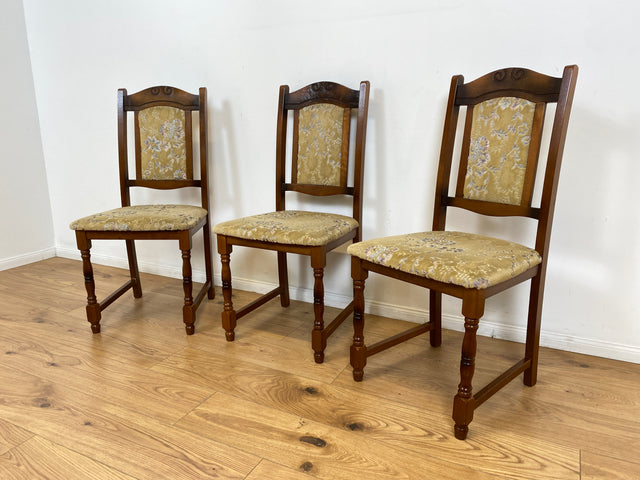 WMK # 1/3 Hübscher, bequemer und gut erhaltener brauner Vintage Stuhl im antikem Stil mit beigem floralem Brokat Bezug # Stuhl Holzstuhl Esszimmerstuhl Küchenstuhl Dining Chair Retro # Versand möglich