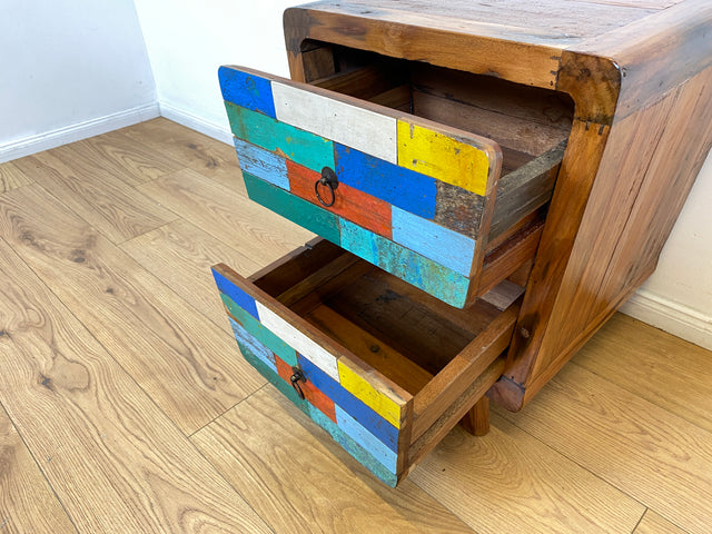 Boatwood by WMK # Formschöne bunte Kommode mit Schubladen , ein aus altem Bootsholz handgefertigtes Unikat aus massivem Teakholz # Nachttisch Nachtkommode Nachtschrank Beistelltisch Berlin Usedom Sylt