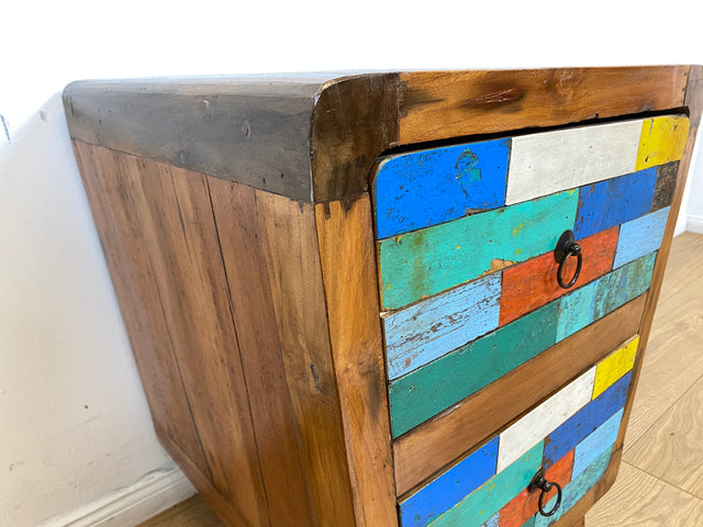 Boatwood by WMK # Formschöne bunte Kommode mit Schubladen , ein aus altem Bootsholz handgefertigtes Unikat aus massivem Teakholz # Nachttisch Nachtkommode Nachtschrank Beistelltisch Berlin Usedom Sylt
