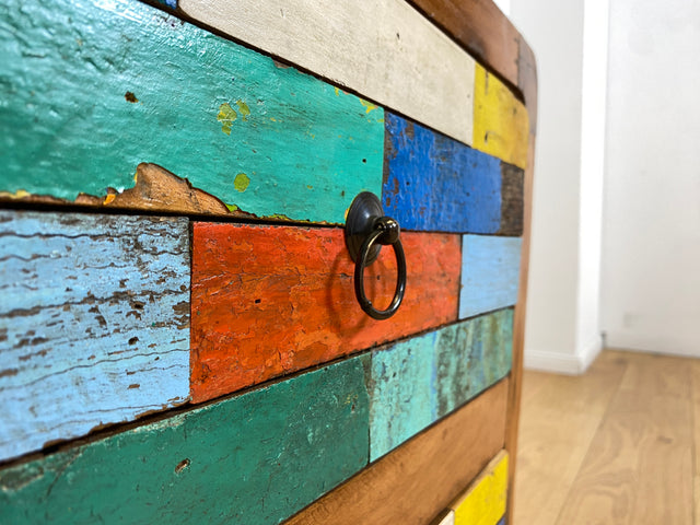 Boatwood by WMK # Formschöne bunte Kommode mit Schubladen , ein aus altem Bootsholz handgefertigtes Unikat aus massivem Teakholz # Nachttisch Nachtkommode Nachtschrank Beistelltisch Berlin Usedom Sylt