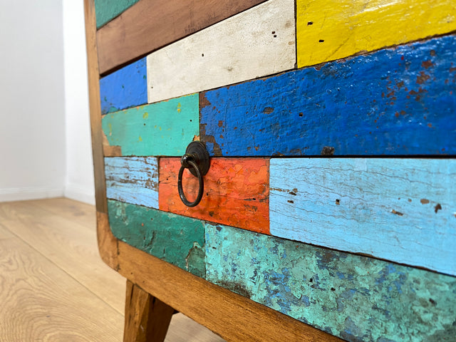 Boatwood by WMK # Formschöne bunte Kommode mit Schubladen , ein aus altem Bootsholz handgefertigtes Unikat aus massivem Teakholz # Nachttisch Nachtkommode Nachtschrank Beistelltisch Berlin Usedom Sylt