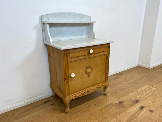 WMK Wunderschöne dänische antike Kommode aus vollem Holz mit weißem Marmor Aufsatz und Schublade , um 1910 # Marmorkommode Flurkommode Waschtisch Waschkommode Badschrank Weichholz Jugendstil Vintage