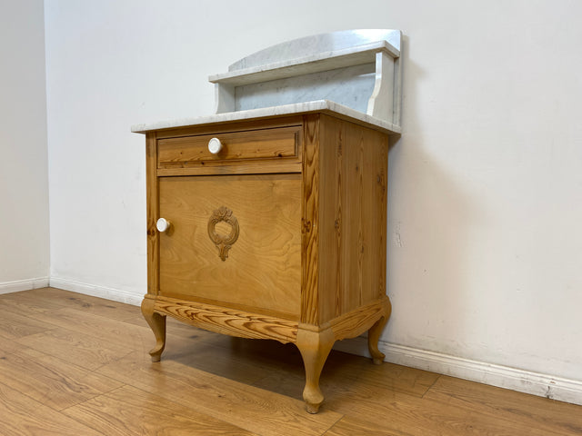 WMK Wunderschöne dänische antike Kommode aus vollem Holz mit weißem Marmor Aufsatz und Schublade , um 1910 # Marmorkommode Flurkommode Waschtisch Waschkommode Badschrank Weichholz Jugendstil Vintage