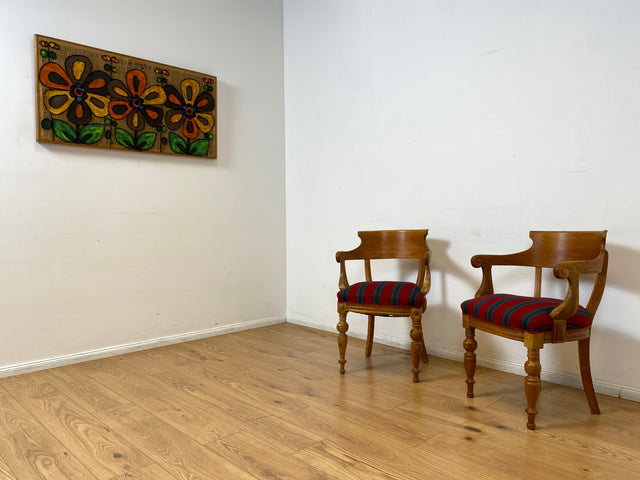 WMK I 1/2 Vornehmer dänischer antiker Salonstuhl aus Eiche mit Armlehnen und rot gestreiftem Sitzbezug, um 1900 I Stuhl Sessel Armchair Esszimmer Küchenstuhl Biedermeier Vintage Berlin Dresden Weimer