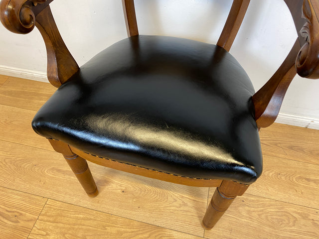 WMK I Vornehmer dänischer antiker Salonstuhl mit Armlehnen, Intarsien und schwarzem Kunst Leder, um 1900 I Stuhl Sessel Armchair Esszimmer Küchenstuhl Biedermeier Vintage Berlin München Stuttgart