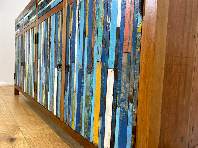 Boatwood by WMK I Bunterschönes und detailreiches Sideboard mit Schubladen , ein aus altem Bootsholz handgefertigtes Unikat aus massivem Teakholz # Kommode Schrank Anrichte Flur Wäsche Bootsmöbel