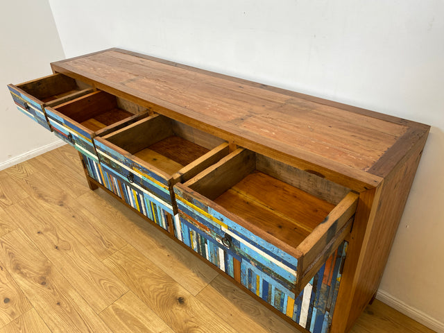 Boatwood by WMK I Bunterschönes und detailreiches Sideboard mit Schubladen , ein aus altem Bootsholz handgefertigtes Unikat aus massivem Teakholz # Kommode Schrank Anrichte Flur Wäsche Bootsmöbel