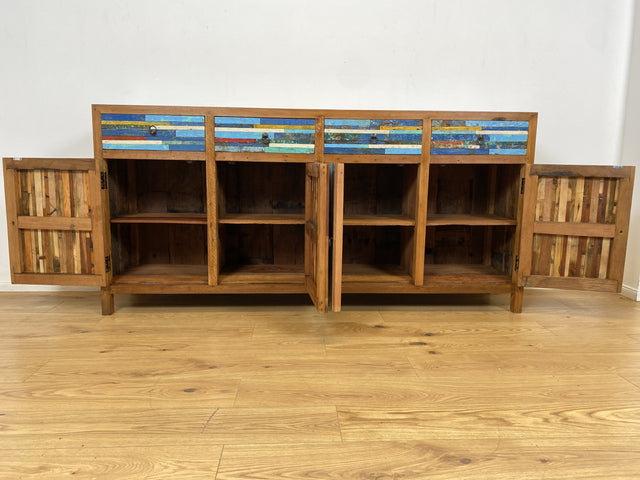 Boatwood by WMK I Bunterschönes und detailreiches Sideboard mit Schubladen , ein aus altem Bootsholz handgefertigtes Unikat aus massivem Teakholz # Kommode Schrank Anrichte Flur Wäsche Bootsmöbel