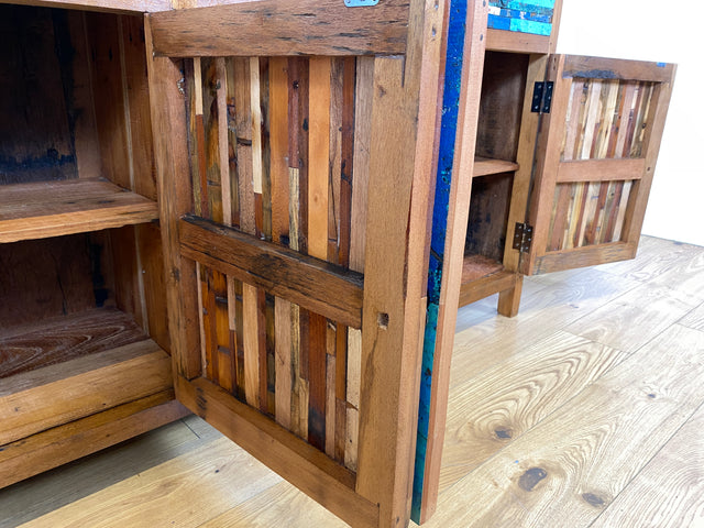 Boatwood by WMK I Bunterschönes und detailreiches Sideboard mit Schubladen , ein aus altem Bootsholz handgefertigtes Unikat aus massivem Teakholz # Kommode Schrank Anrichte Flur Wäsche Bootsmöbel