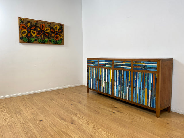 Boatwood by WMK I Bunterschönes und detailreiches Sideboard mit Schubladen , ein aus altem Bootsholz handgefertigtes Unikat aus massivem Teakholz # Kommode Schrank Anrichte Flur Wäsche Bootsmöbel