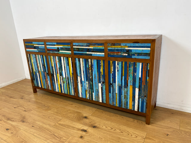 Boatwood by WMK I Bunterschönes und detailreiches Sideboard mit Schubladen , ein aus altem Bootsholz handgefertigtes Unikat aus massivem Teakholz # Kommode Schrank Anrichte Flur Wäsche Bootsmöbel