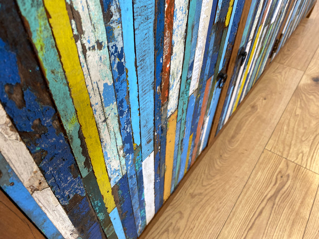 Boatwood by WMK I Bunterschönes und detailreiches Sideboard mit Schubladen , ein aus altem Bootsholz handgefertigtes Unikat aus massivem Teakholz # Kommode Schrank Anrichte Flur Wäsche Bootsmöbel