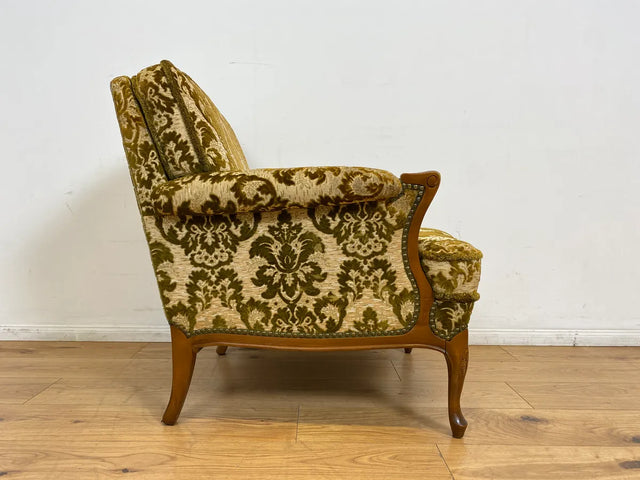 WMK # 1/2 Eleganter, gemütlicher und sehr gut erhaltener Chippendale Sessel mit wunderbarem Brokat Bezug & handverziertem Holzrahmen # Lesesessel Armchair Sitzgarnitur Stilmöbel Barock Rokoko Vintage